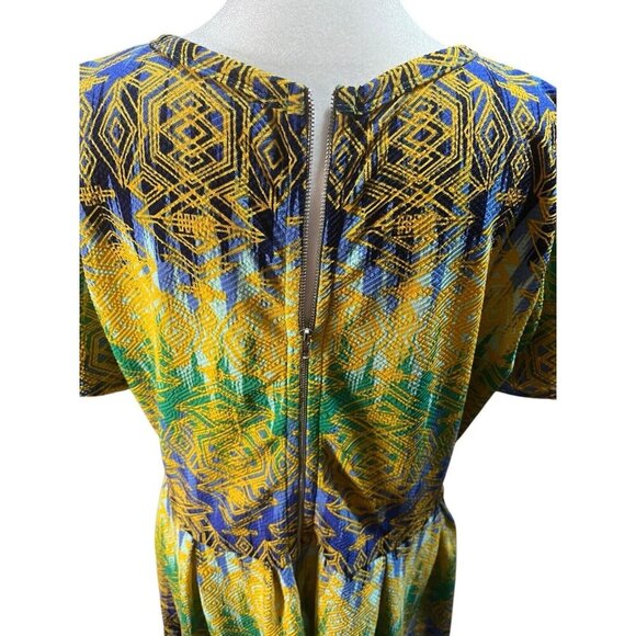 LuLaRoe Women's 3X Amelia Dress Yellow Blue Green Aztec Pleated Round Neck - Picture 6 of 9